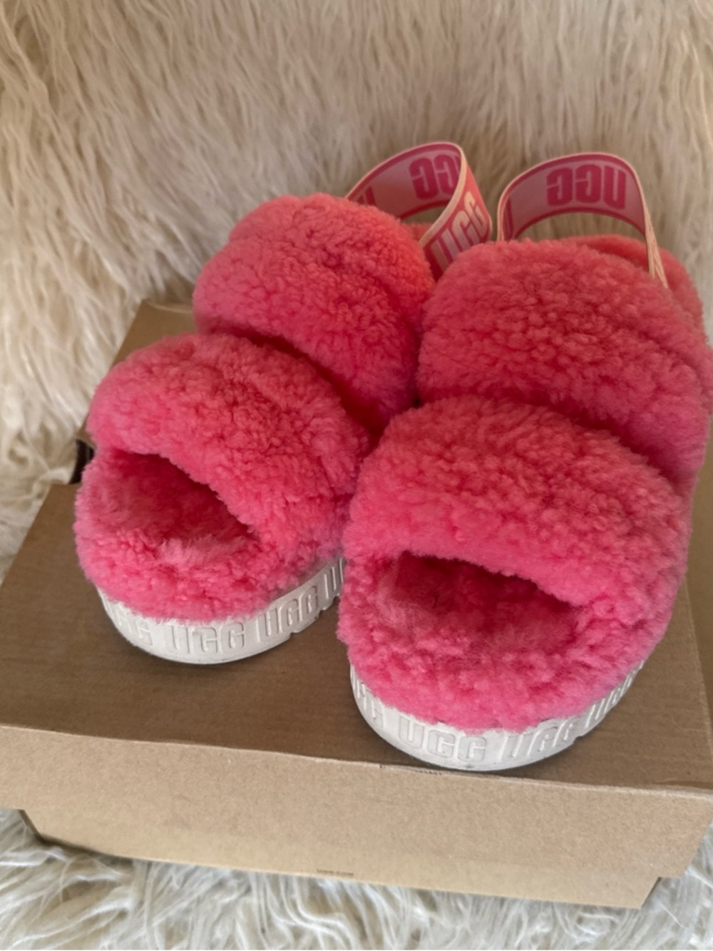 UGG Coral Pink Shearling Slide Sandals with Branded Heel Strap
